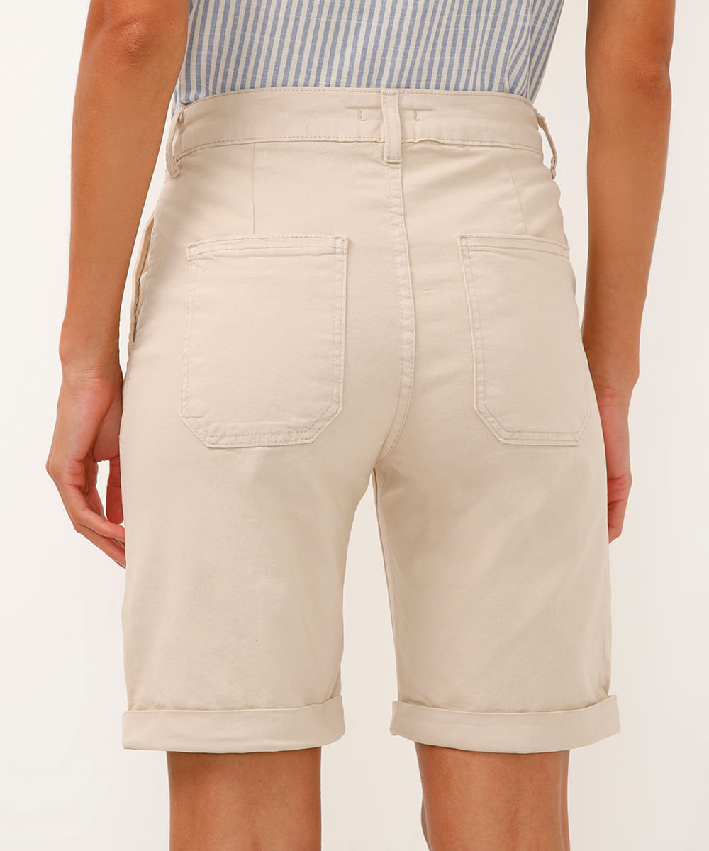 bermuda ciclista de sarja cintura alta bege