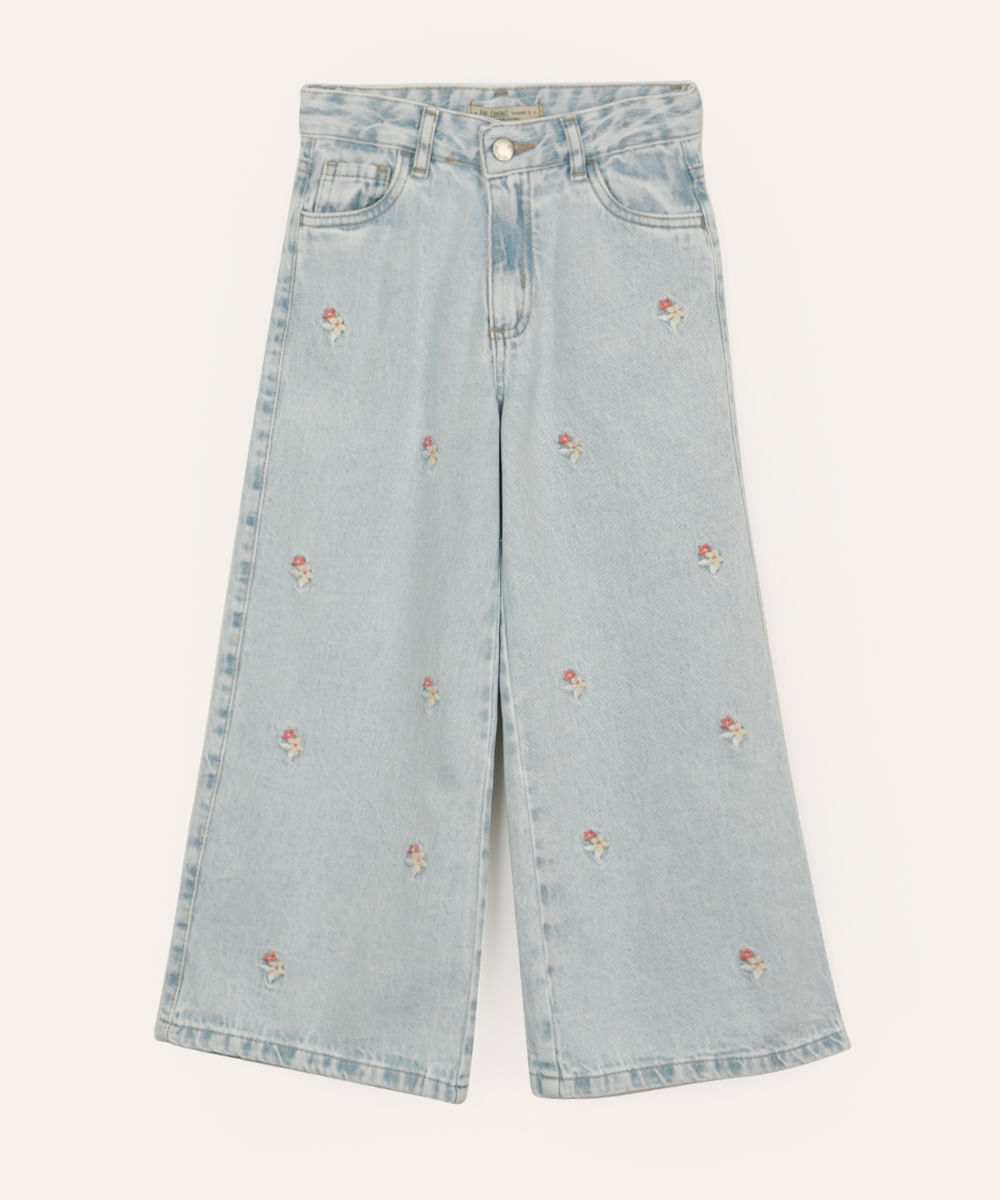 calça wide leg jeans infantil floral azul