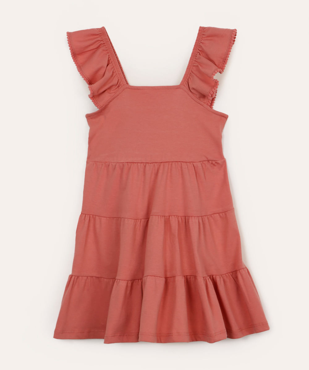 vestido midi de algodão infantil com babados rosa