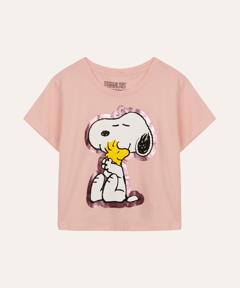 camiseta de algodão infantil snoopy rosa