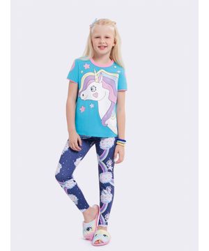 Pijama Manga Curta Infantil com Legging Unicórnio Azul