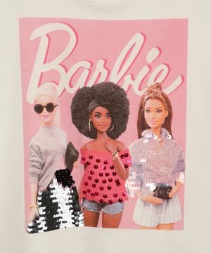 camiseta  de algodão infantil barbie paetê off white