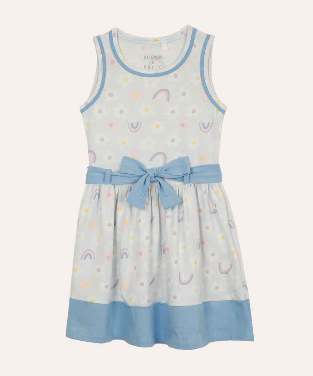 vestido de algodão infantil floral com faixa azul