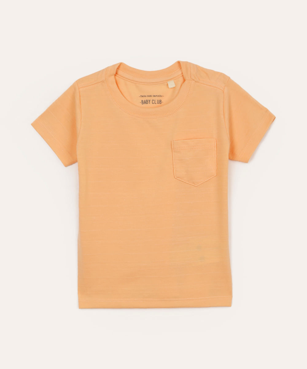 camiseta infantil texturizada com bolso laranja