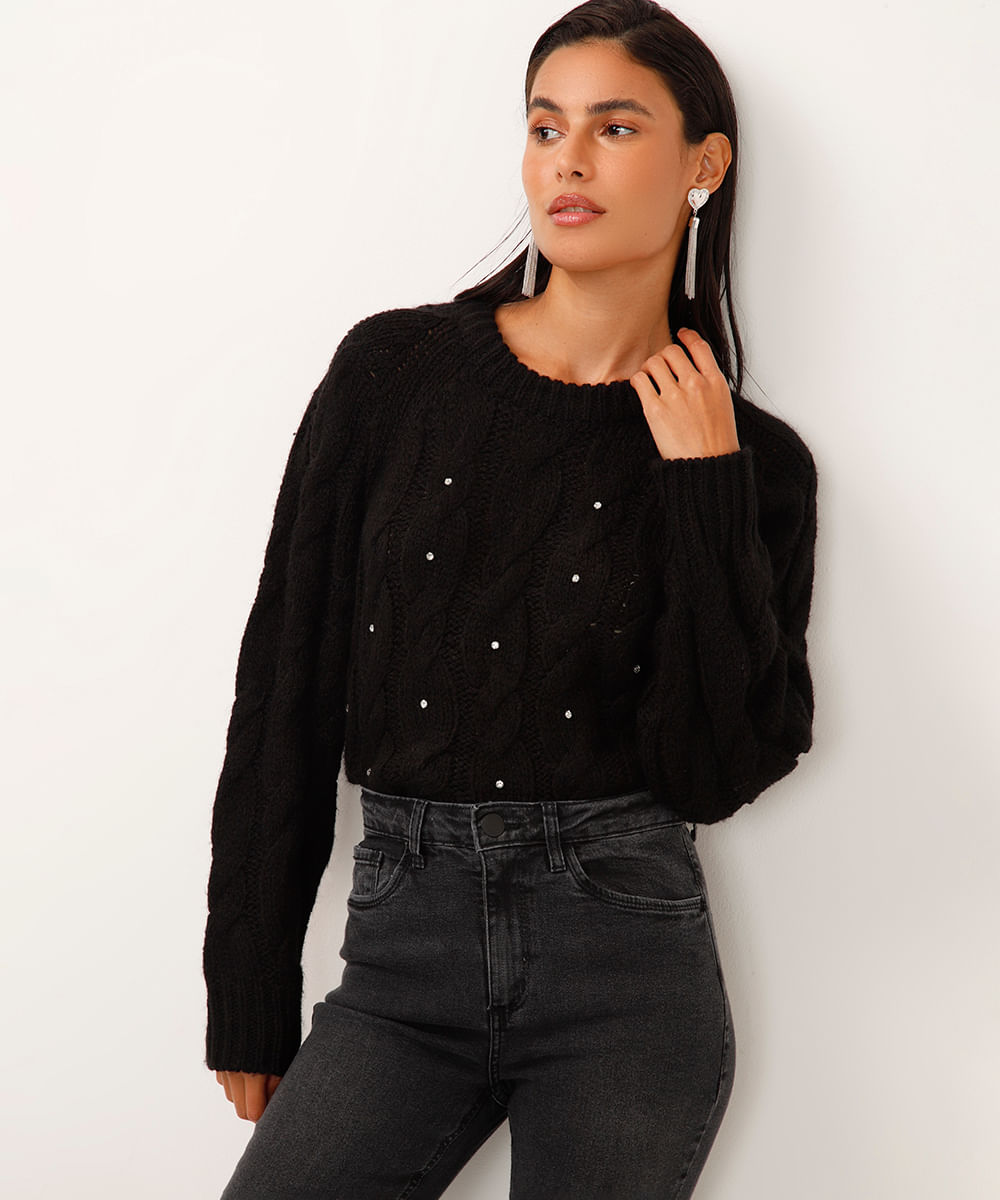 suéter de tricot com brilhos preto