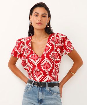 blusa de viscose decote v com babados arabesco vermelha