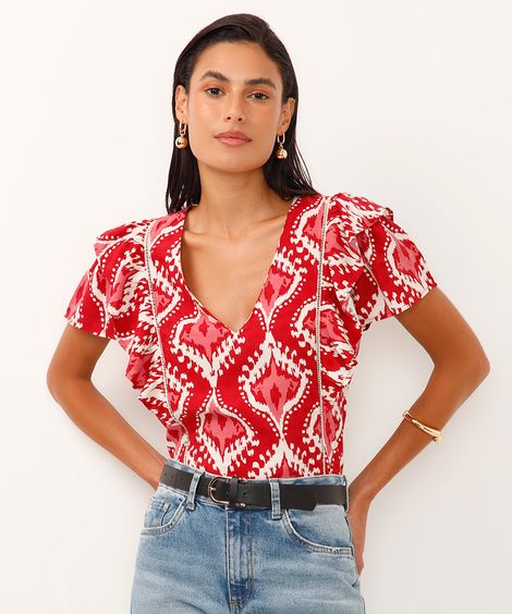 blusa de viscose decote v com babados arabesco vermelha