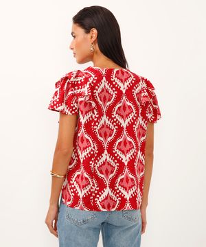 blusa de viscose decote v com babados arabesco vermelha