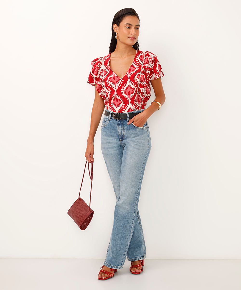 blusa de viscose decote v com babados arabesco vermelha