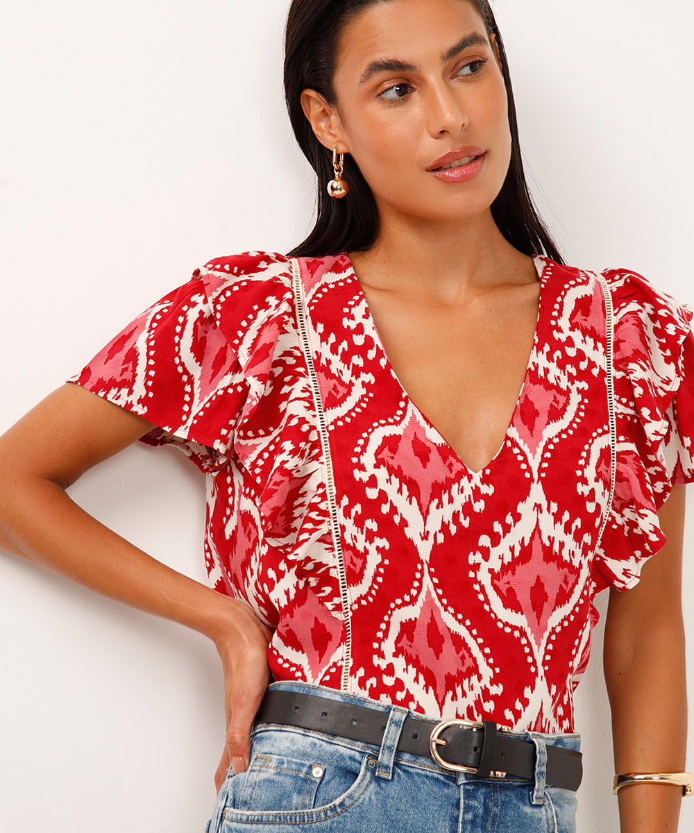 blusa de viscose decote v com babados arabesco vermelha