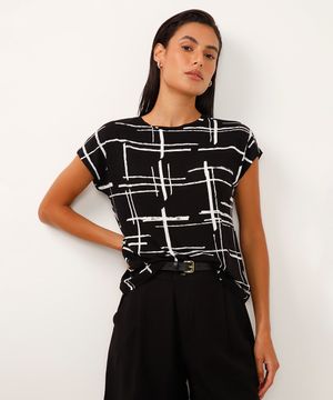 blusa de viscose manga japonesa geométrica preta