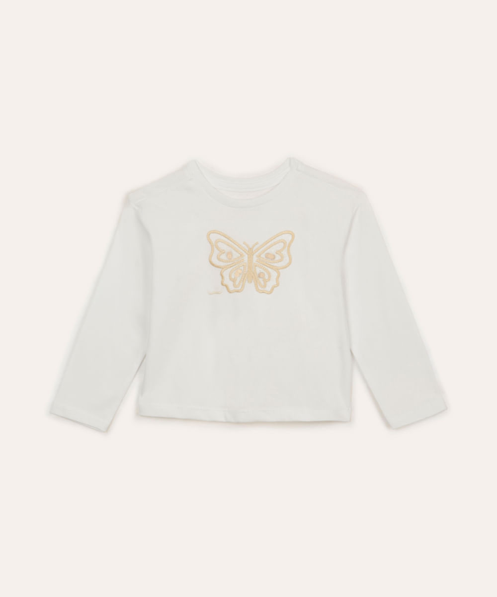 blusa de algodão infantil manga longa borboleta branca