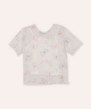 blusa de tule infantil manga curta borboleta off white