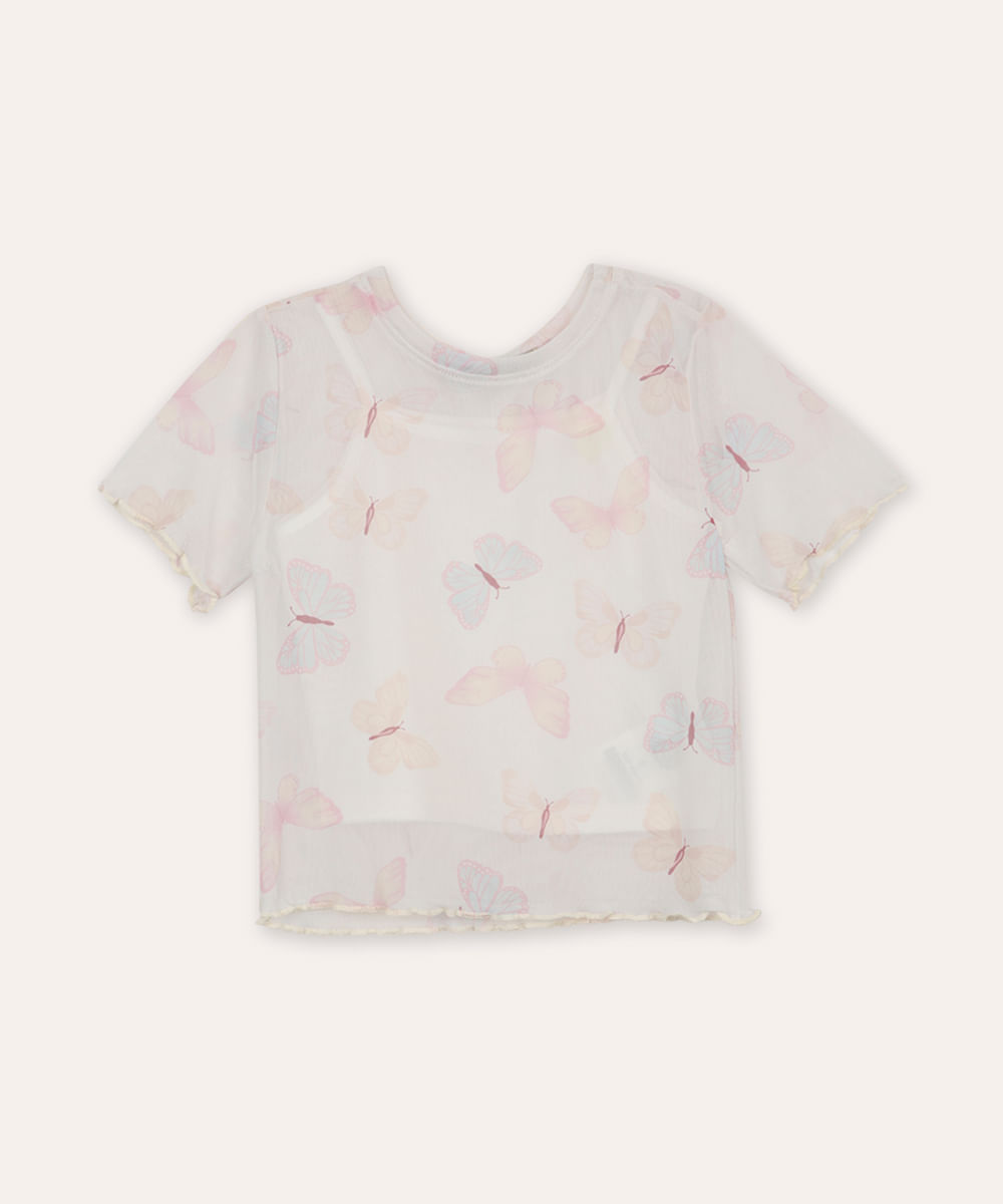 blusa de tule infantil manga curta borboleta off white