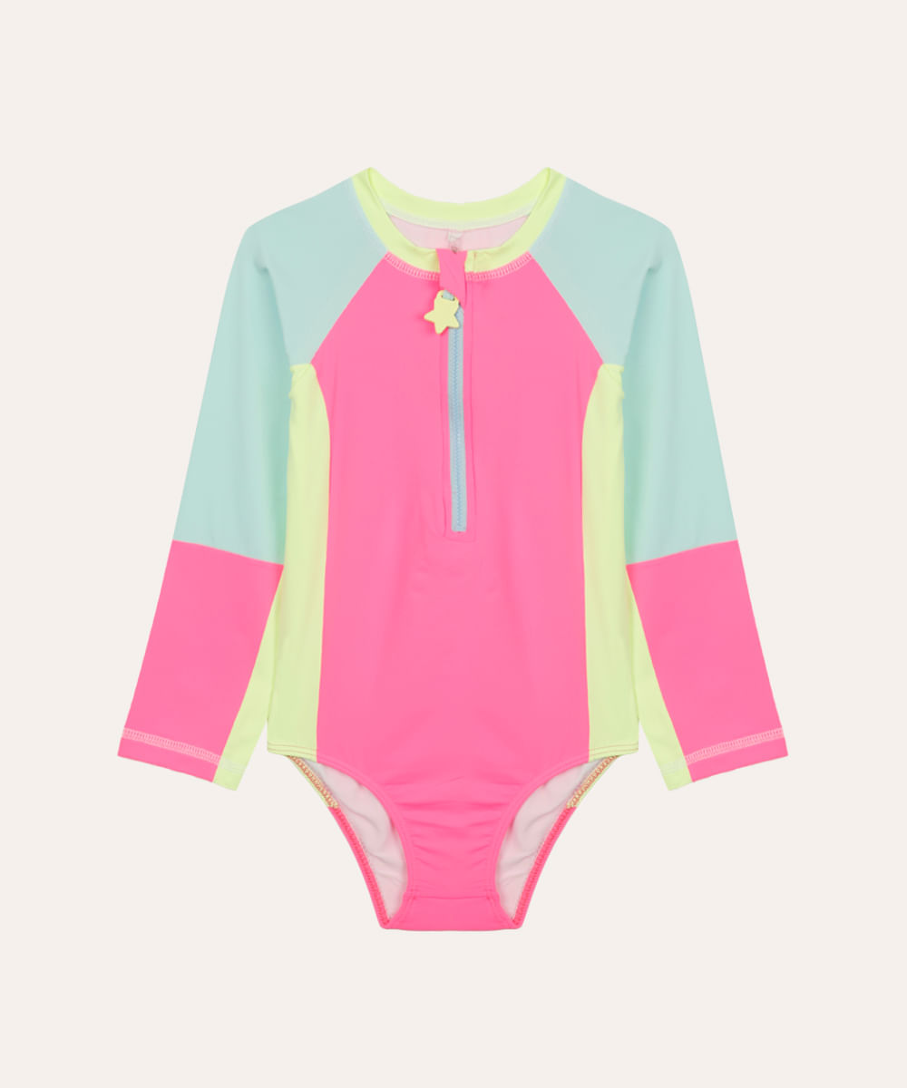 maiô infantil com recortes neon e proteção uv colorido