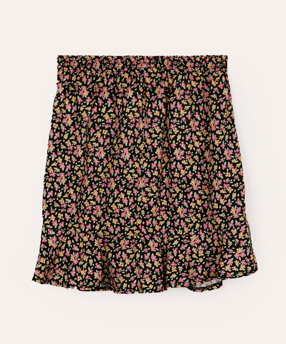 saia curta juvenil com babados floral preta