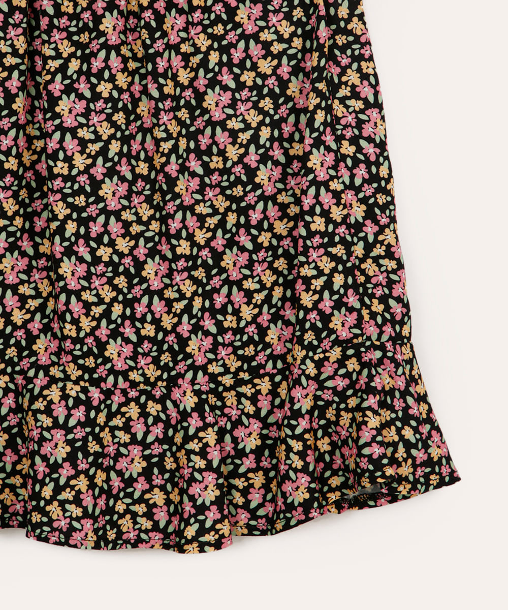 saia curta juvenil com babados floral preta