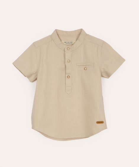 camisa infantil manga curta gola padre com bolso bege