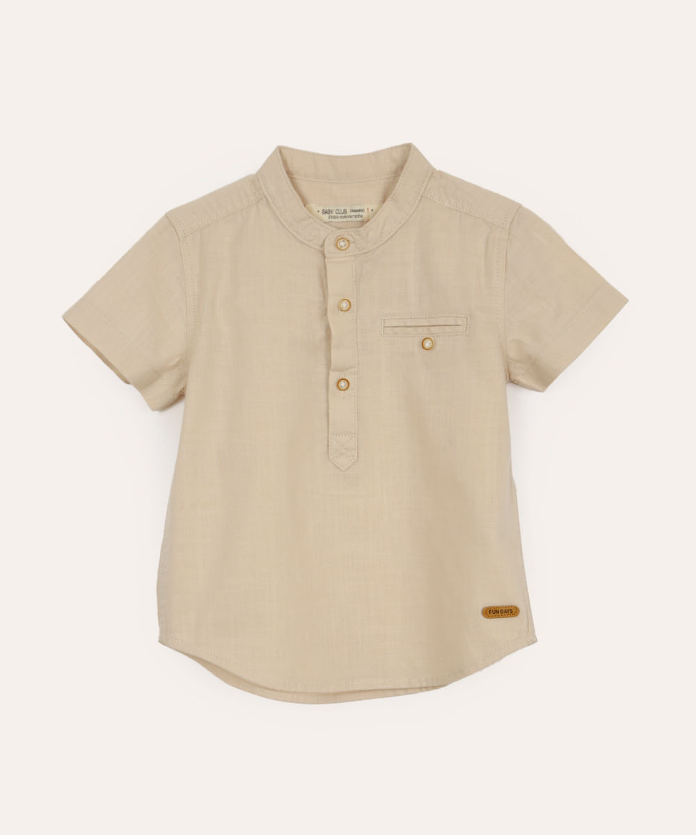 camisa infantil manga curta gola padre com bolso bege
