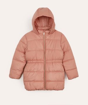 jaqueta infantil puffer alongada com capuz rosa