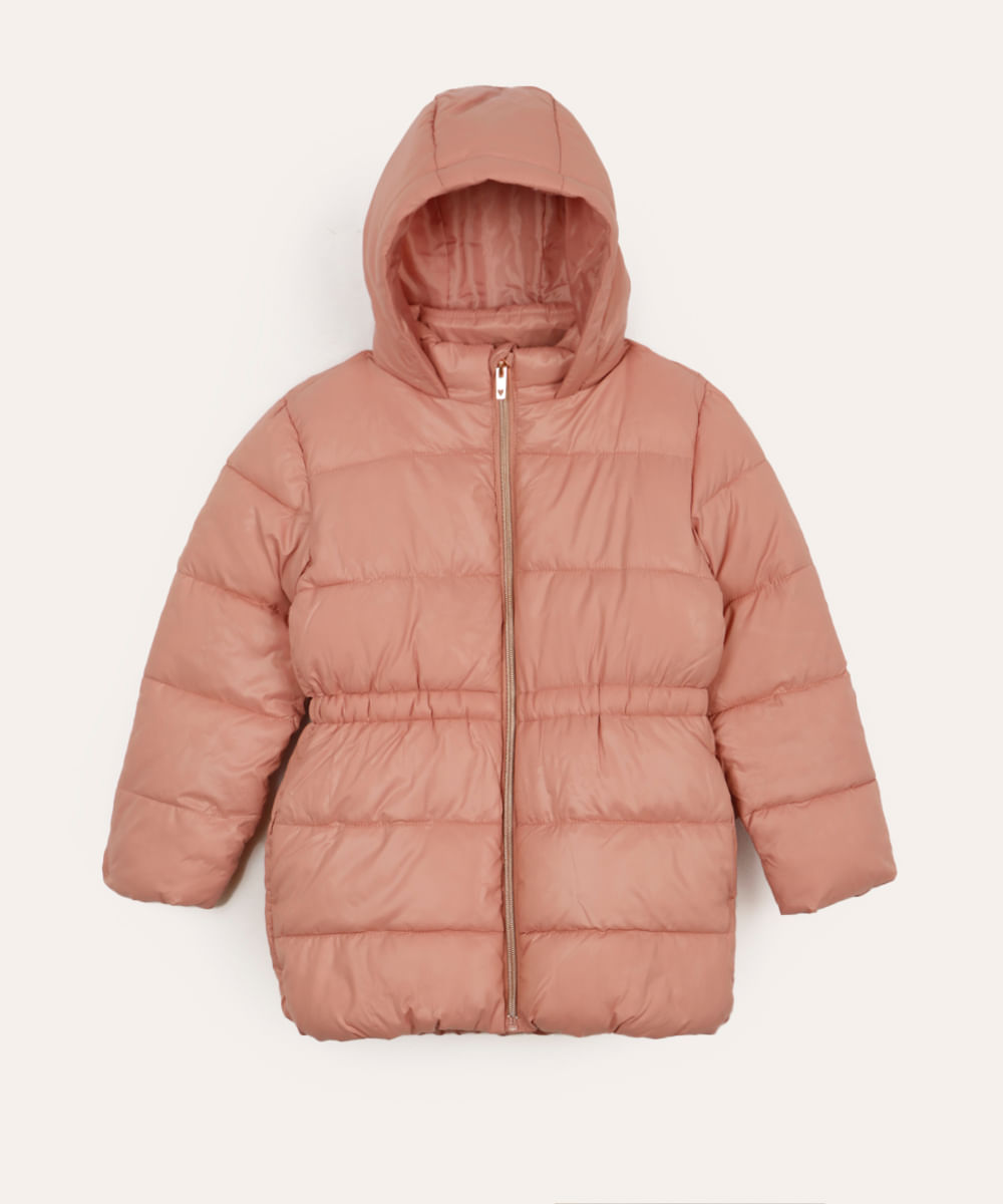 jaqueta infantil puffer alongada com capuz rosa