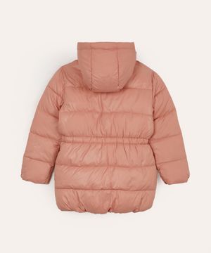 jaqueta infantil puffer alongada com capuz rosa