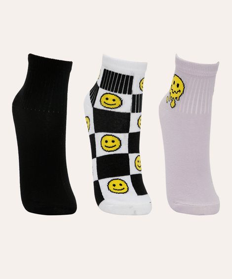 kit de 3 pares de meias cano médio smile colorida