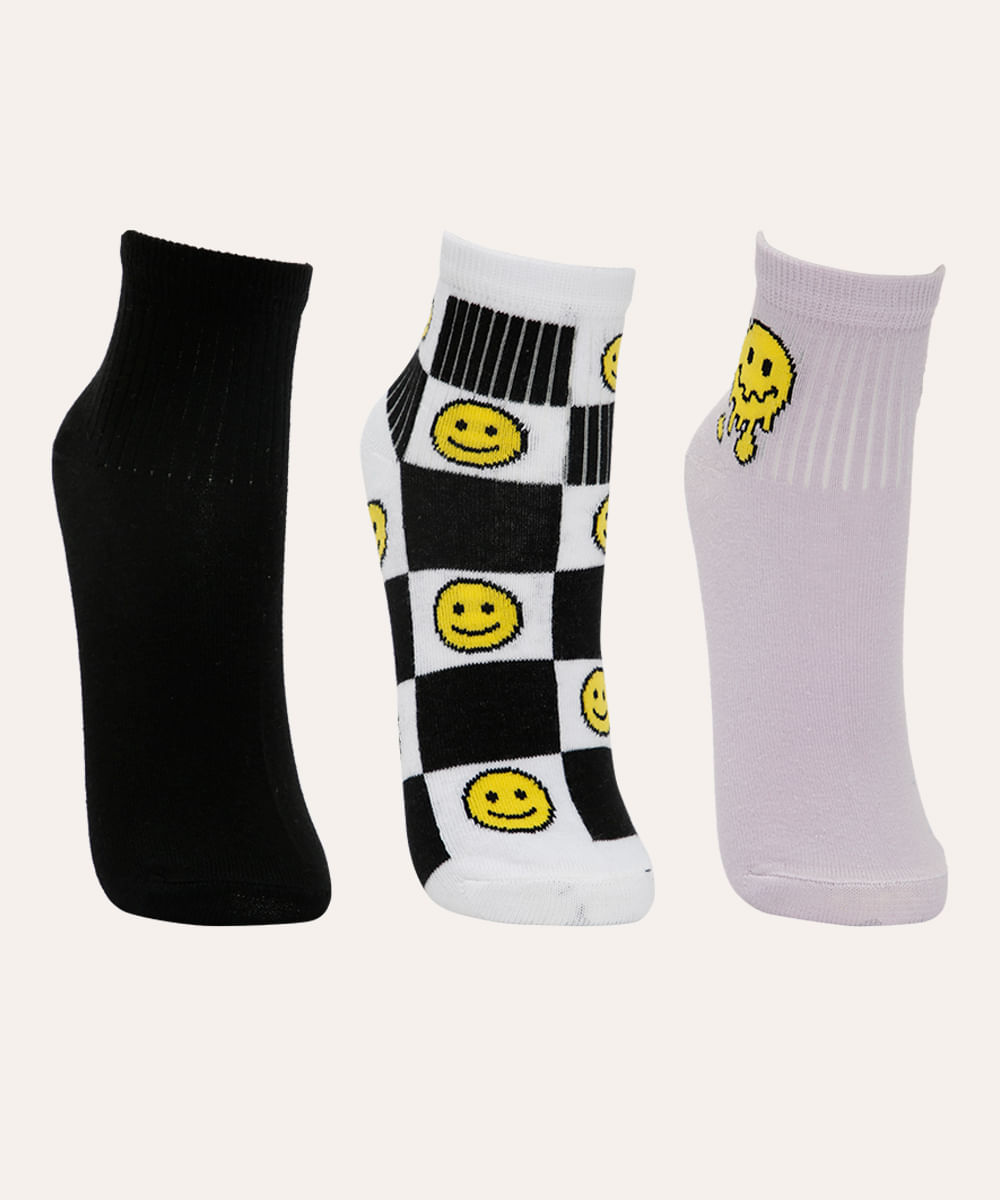 kit de 3 pares de meias cano médio smile colorida