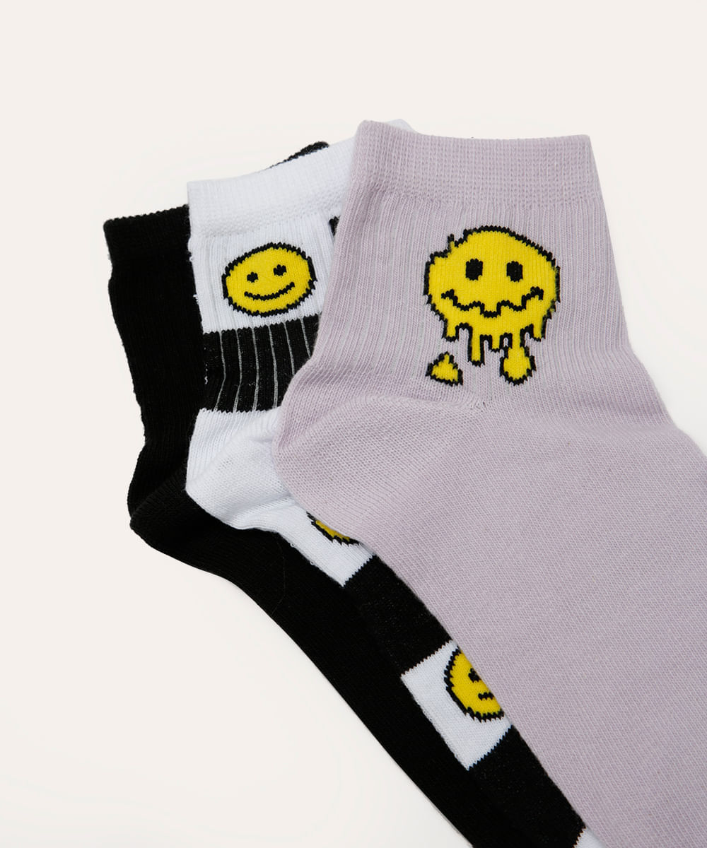 kit de 3 pares de meias cano médio smile colorida