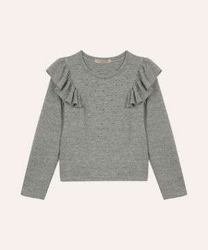 blusa de tricot infantil manga longa com babados cinza