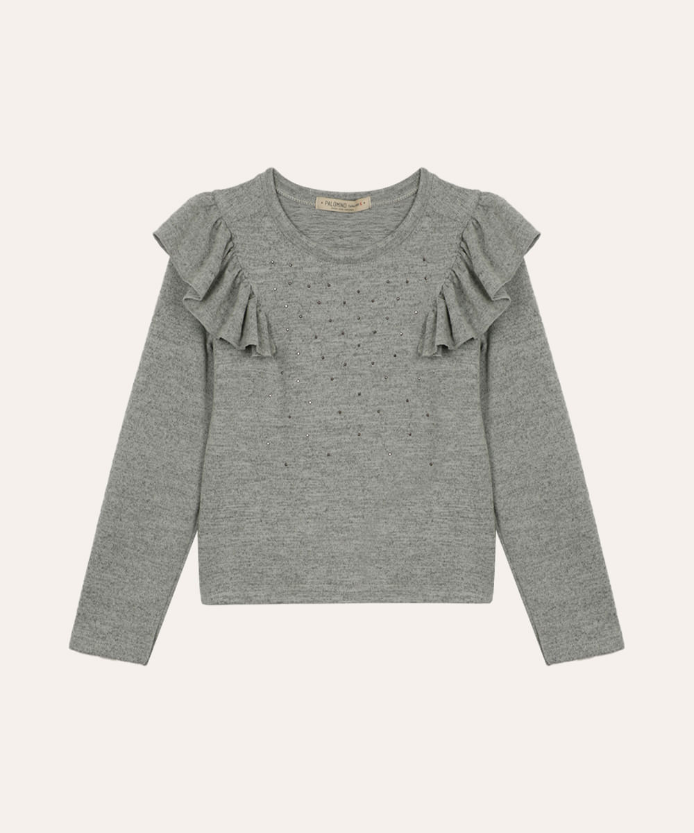 blusa de tricot infantil manga longa com babados cinza