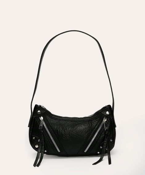 bolsa shoulder com zíper e tachas preta