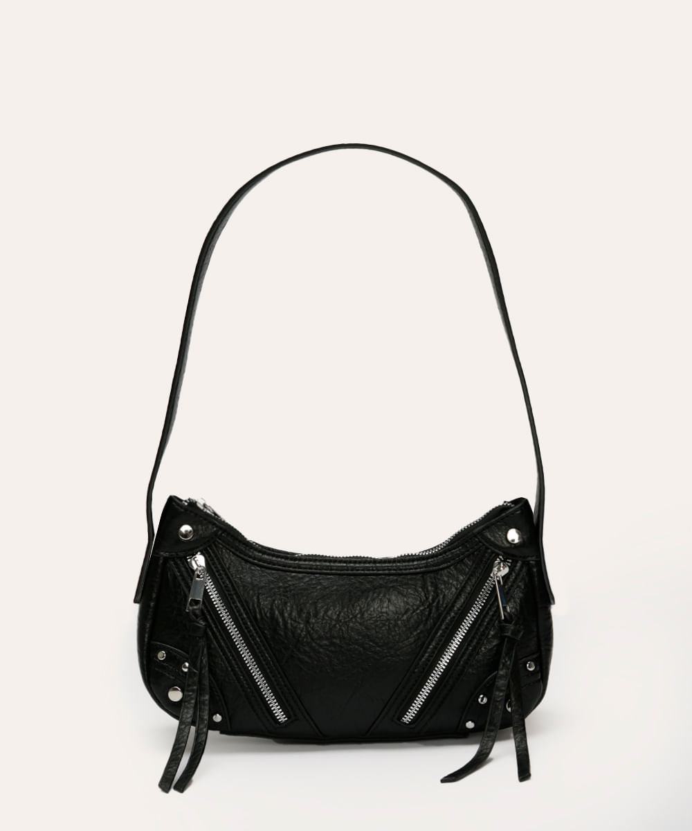 bolsa shoulder com zíper e tachas preta
