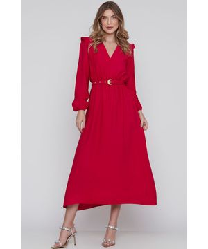 Vestido Longuete Manga Longa Vermelho Cereja