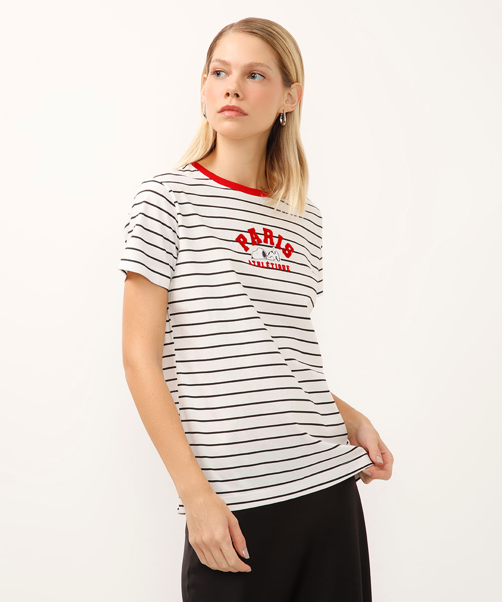 camiseta de algodão manga curta listrada snoopy off white