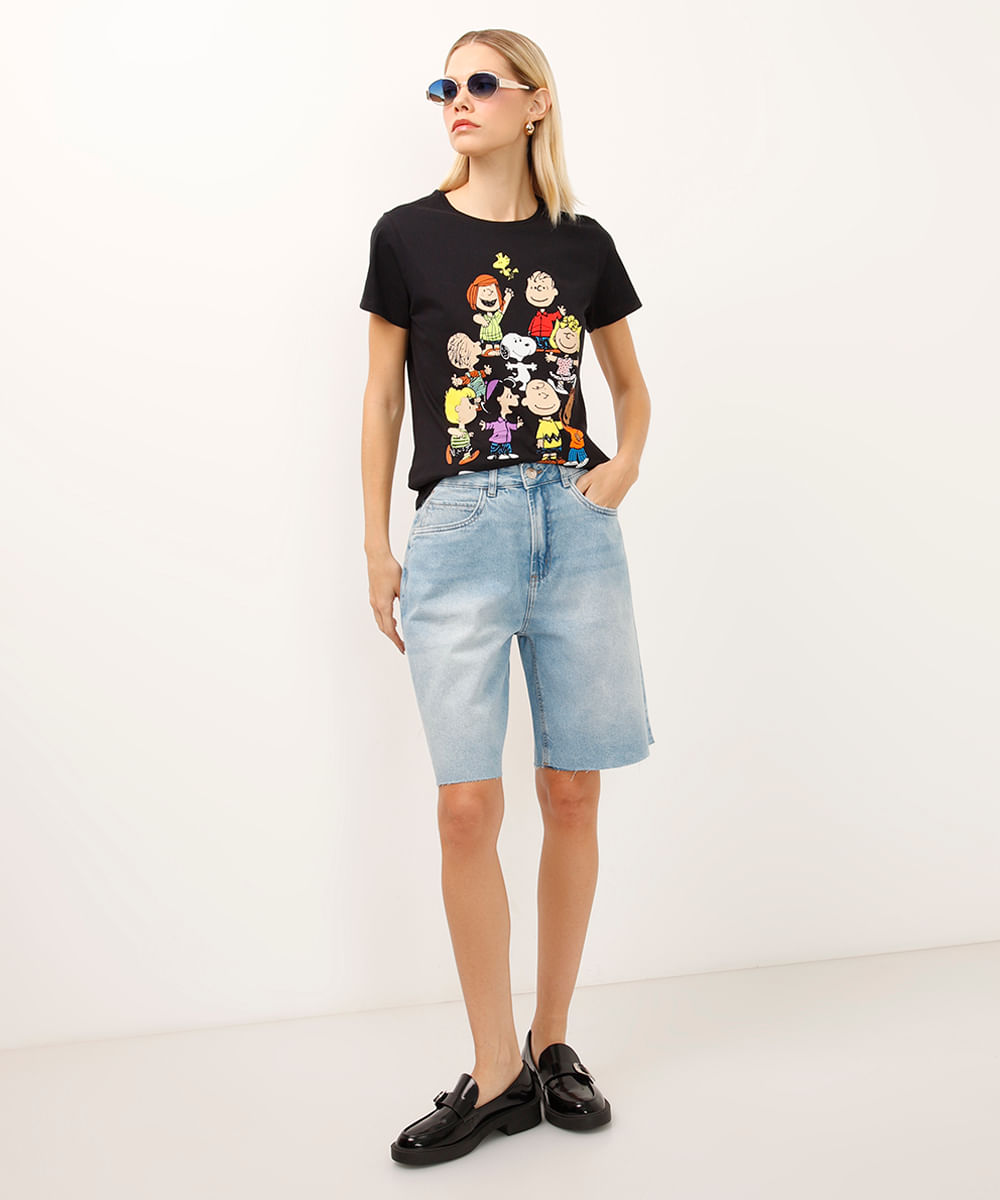 camiseta de algodão manga curta snoopy preta