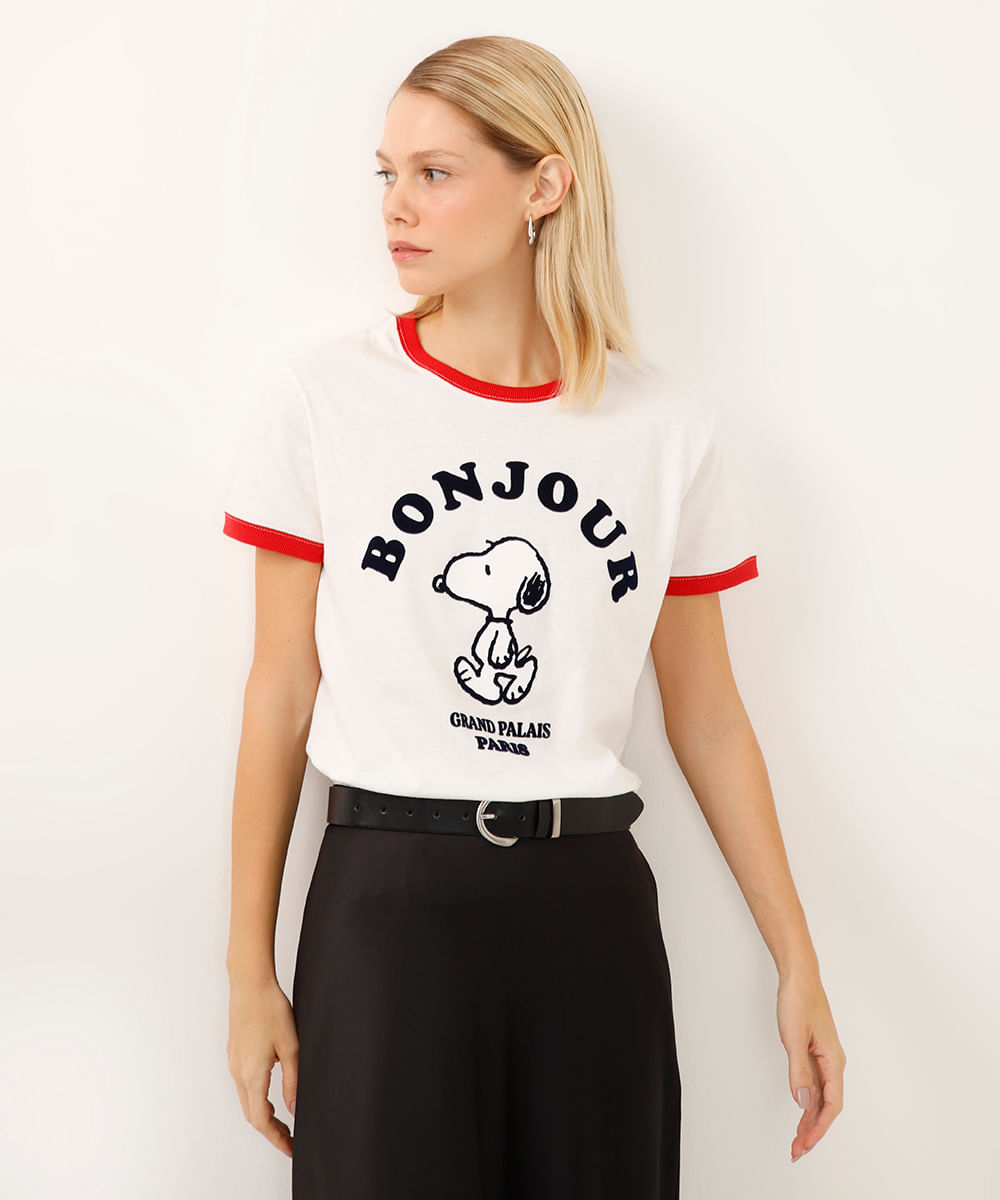 camiseta de algodão manga curta bicolor snoopy off white