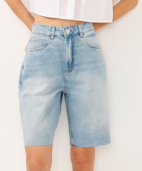 bermuda relaxed jeans cintura média azul