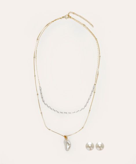kit de colar e brinco pérolas dourado