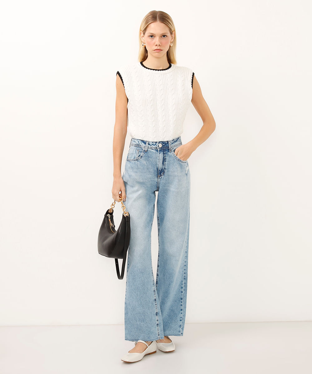 calça wide leg slim jeans cintura super alta destroyed azul