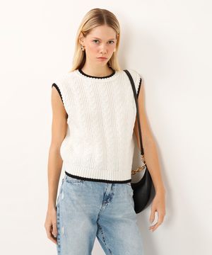 colete de tricot texturizado bicolor off white