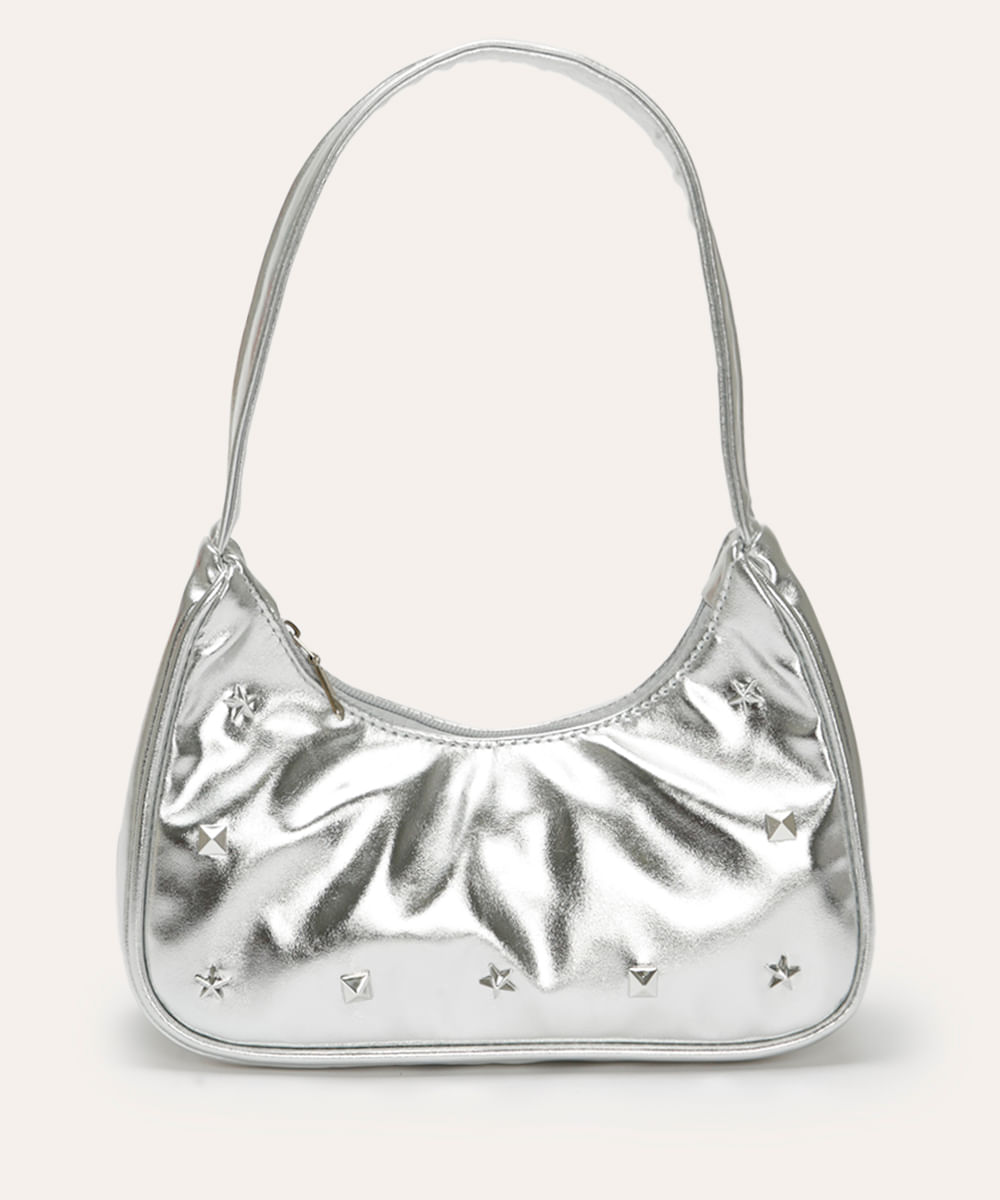 bolsa juvenil shoulder bag metalizada com tachas prata