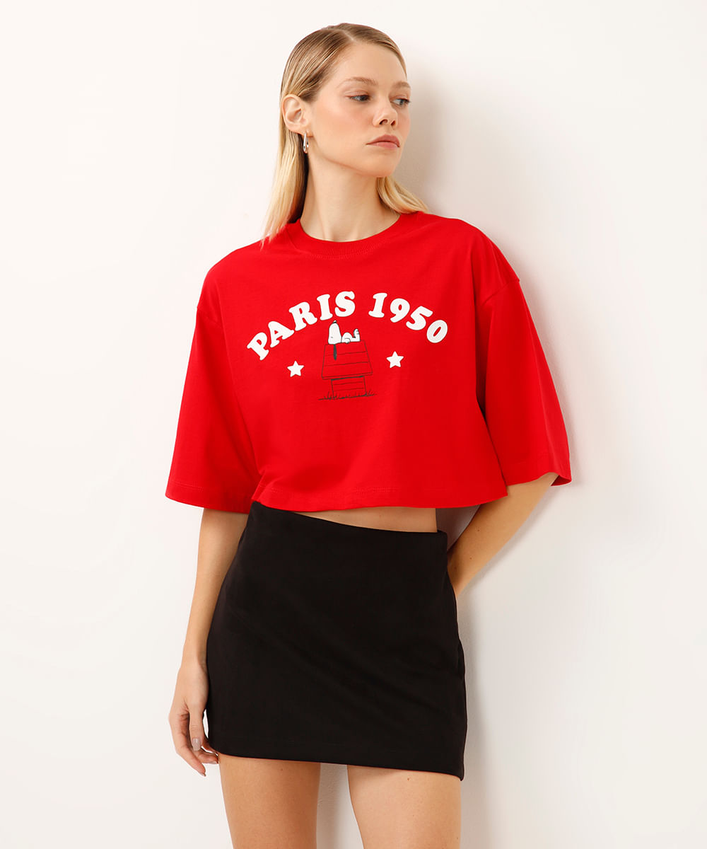camiseta cropped de algodão snoopy vermelha