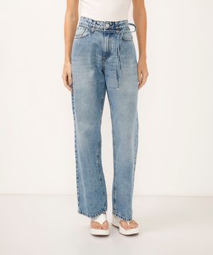 calça wide leg jeans cintura super alta com cordão azul