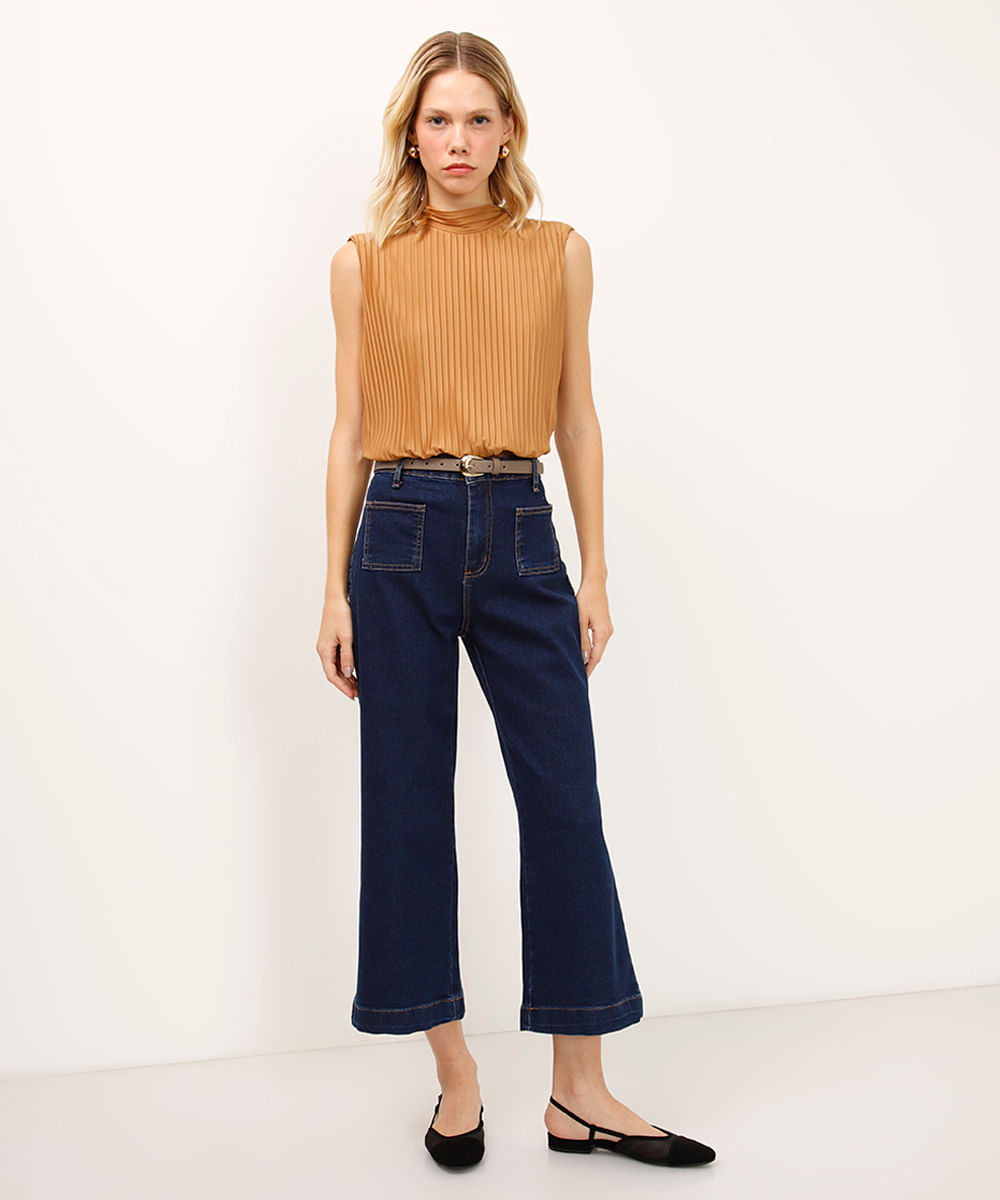 calça wide leg cropped jeans cintura alta sawary azul