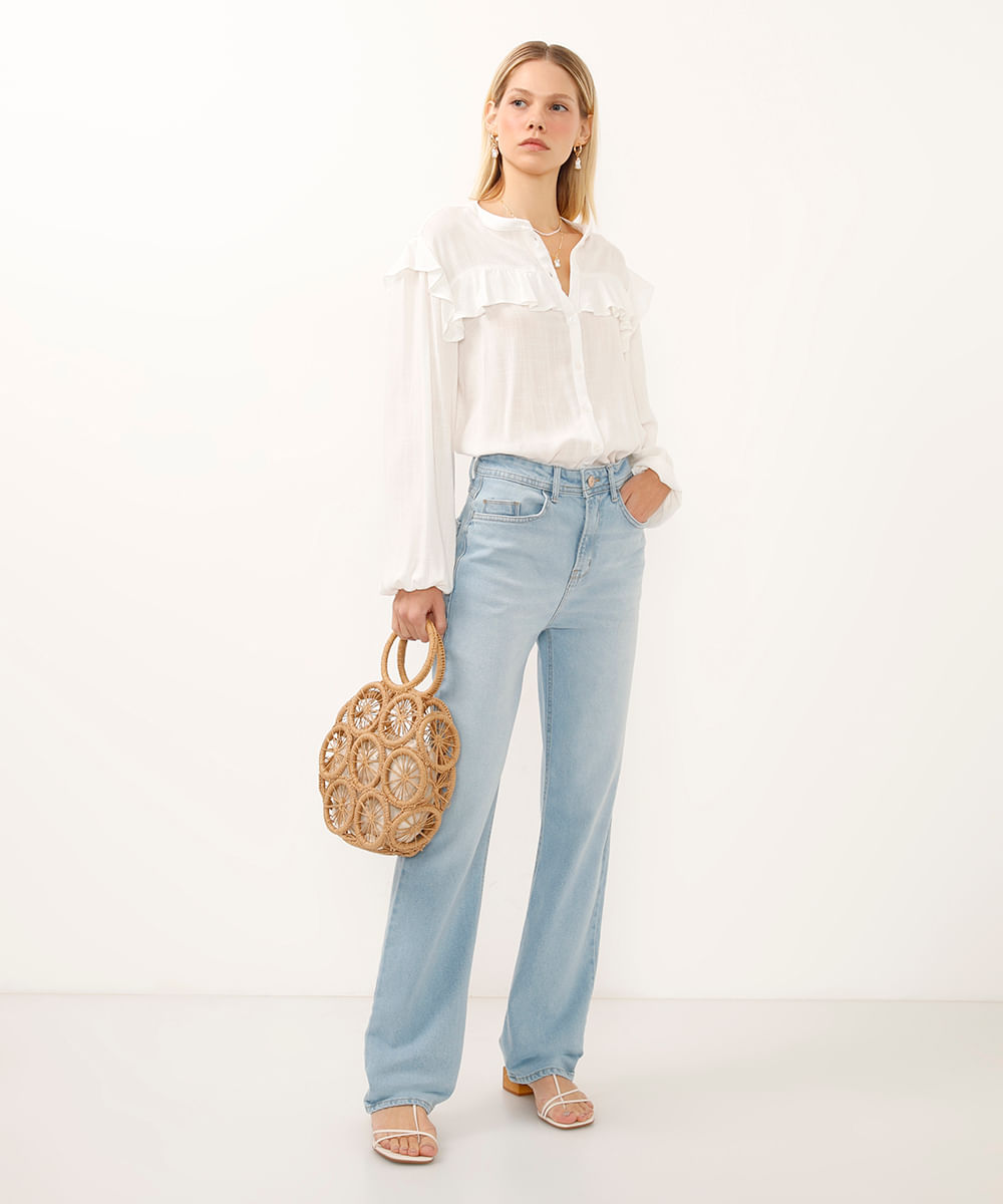 calça reta comfort jeans cintura alta azul