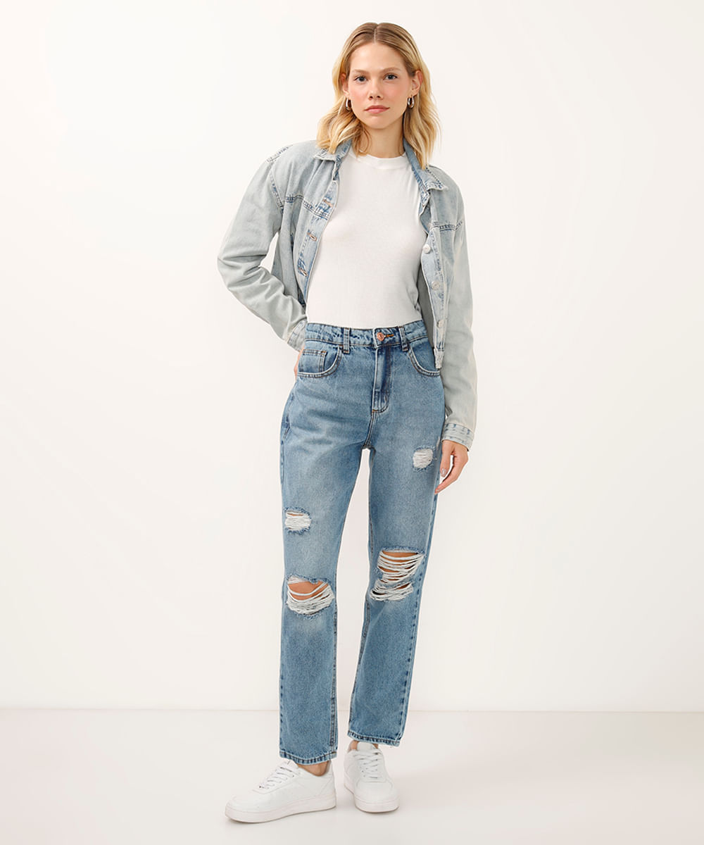 calça mom jeans cintura super alta destroyed azul