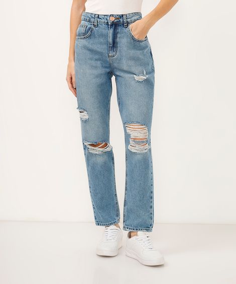 calça mom jeans cintura super alta destroyed azul