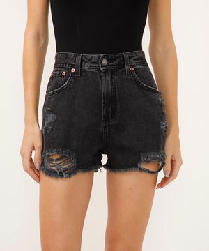 short reto jeans cintura super alta destroyed preto