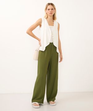 calça wide leg de viscose cintura alta - verde